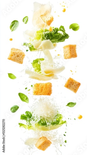 Deconstructed Caesar Salad Exploding on White Backdrop with Vibrant Freshness