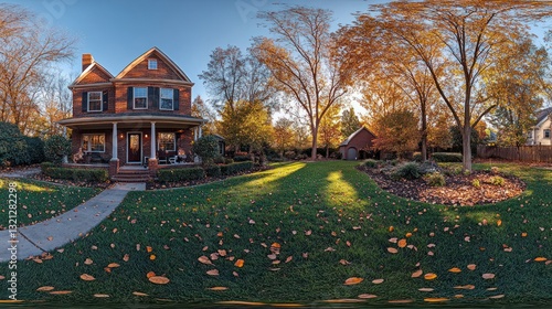 Autumnal brick house, suburban yard, fall leaves
