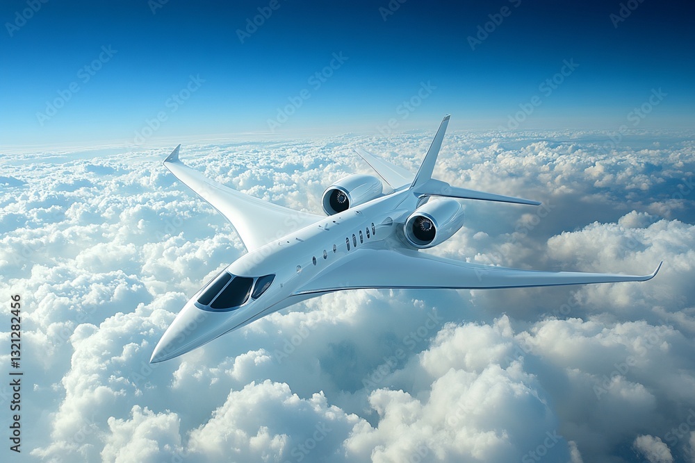 Obraz premium White Private Jet in Flight Above Clouds