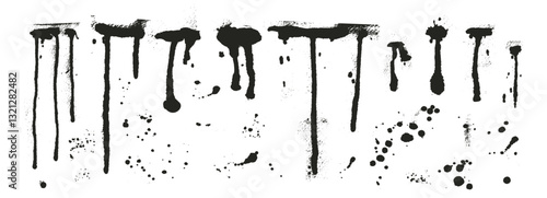 Paint spray splatters set. Grunge graffiti splashes and drips pack. Ink spots and blob shapes. Collage smudge spill. Dirty liquid. Vector hand drawn collection illustration on white background.
