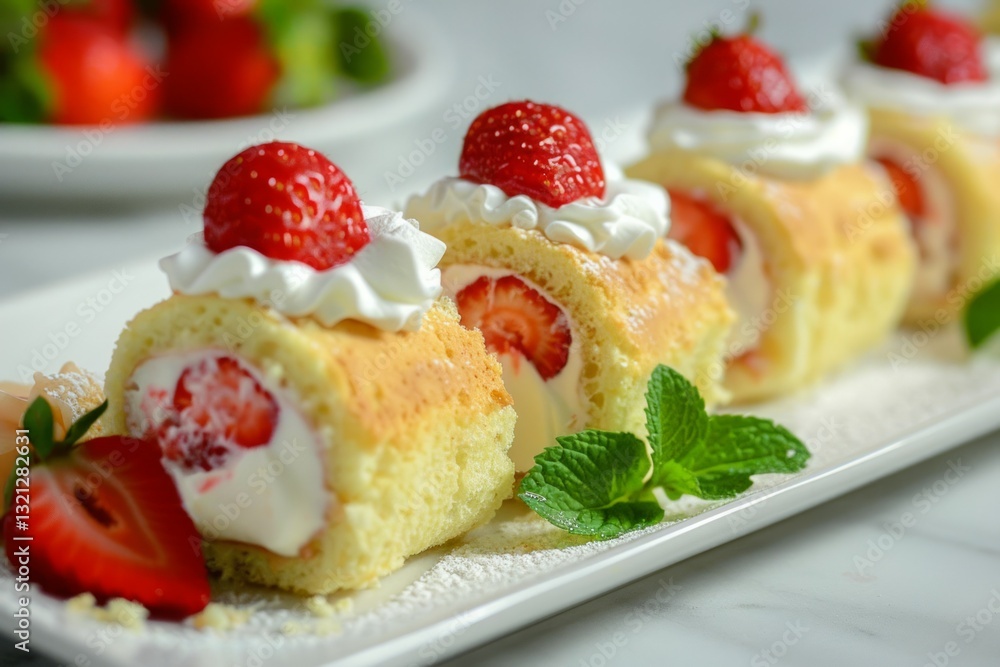 Strawberry cream cake roll on wooden board. Artificial intelligence image Strawberry cream cake roll on wooden board. Artificial intelligence image