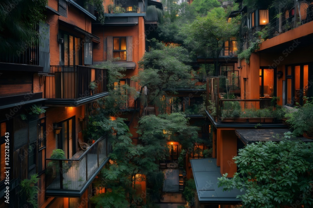 Fototapeta premium Modern urban housing complex with shared outdoor spaces filled with lush greenery, creating a peaceful and sustainable living environment