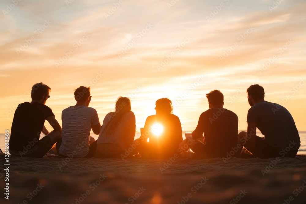 Friends enjoying a serene sunset together on the beach while sitting on the sand Friends enjoying a serene sunset together on the beach while sitting on the sand