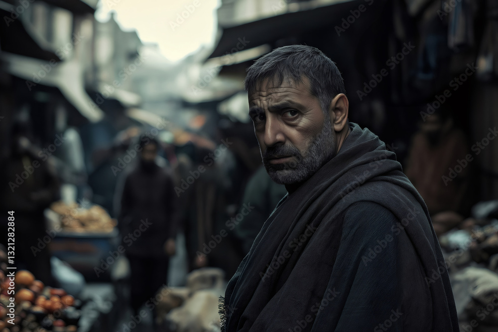 Naklejka premium Bearded merchant wearing traditional clothing walking through a market in Afghanistan looking pensive