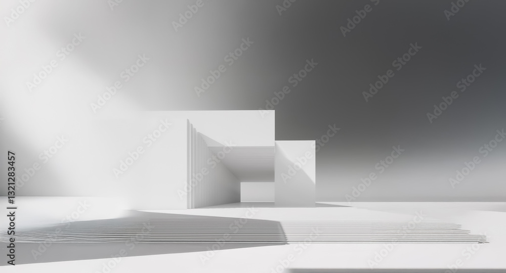 Fototapeta premium Minimalist white geometric structure with sharp shadows creating depth and dimension. Abstract architecture in a bright, clean setting.