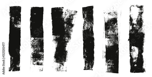 Paint brush strokes set. Linocut texture lines. Ink roller thick stripes background. Grunge letterpress rectangles. Dry black brayer stroke isolated on white background. Vector lino illustration.
