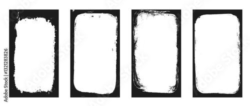 Photo grunge frames stories set template. Ink paint edges punk border for social media poster. Retro textured overlays. Rectangular old black cadre on white background. Vector design illustration.