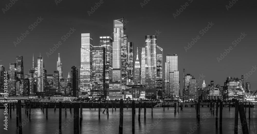 Fototapeta premium New York City Hudson Yards skyscrapers at twilight in Black & White. Midtown West Manhattan cityscape from across the Hudson River
