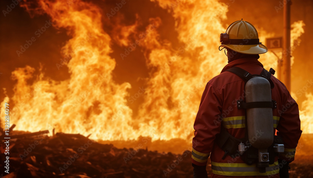 The fireman in full equipment looking to the large-scale fire The fireman in full equipment looking to the large-scale fire