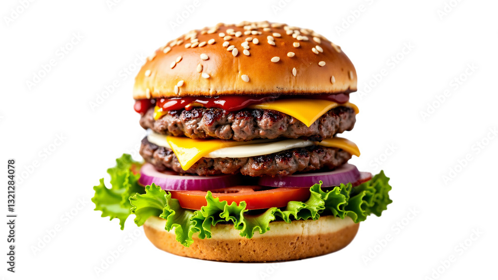 Delicious Thick Hamburger Isolated on Transparent Background for Food Advertising and Menu Design Delicious Thick Hamburger Isolated on Transparent Background for Food Advertising and Menu Design