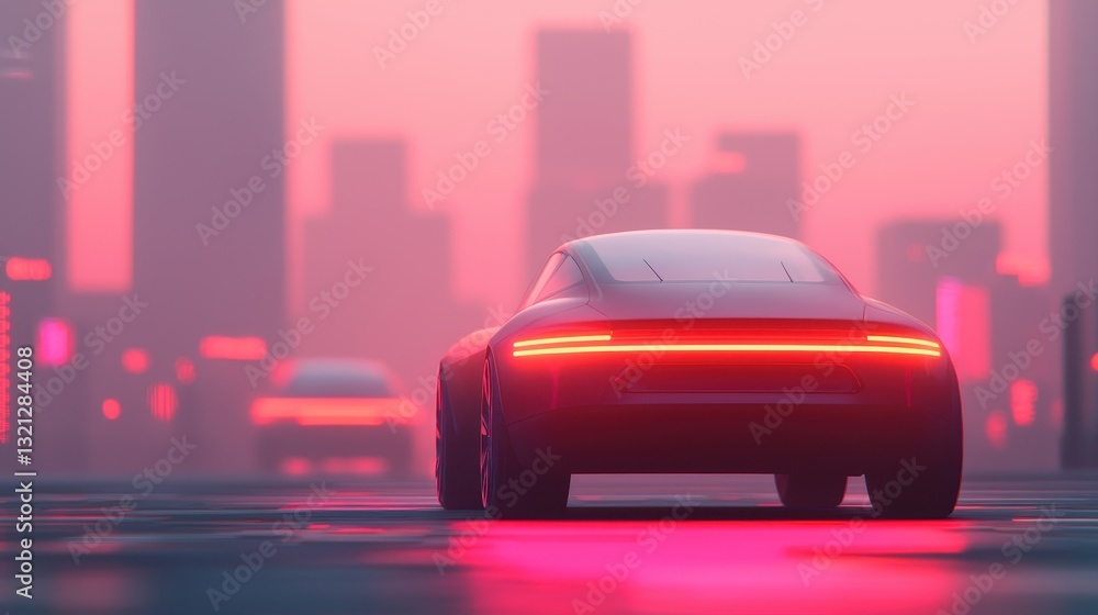 Naklejka premium A sleek car drives through a futuristic cityscape illuminated by vibrant pink hues, showcasing modernity and advanced technology.