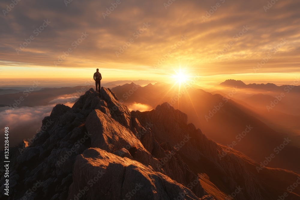Stunning sunrise view from the mountaintop with a lone hiker enjoying the breathtaking landscape Stunning sunrise view from the mountaintop with a lone hiker enjoying the breathtaking landscape