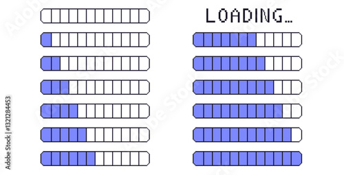 Pixel art loading bar interface. 8 bit game progress button elements set and text. Waiting signs in retro 80s style. Vector illustration isolated on white background.