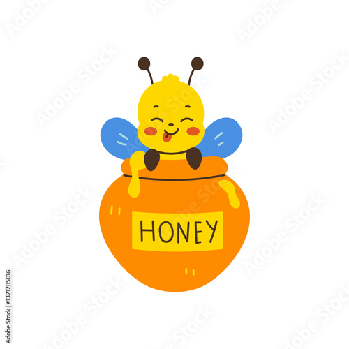 Whimsical Bee sitting in Honey Pot. Cute adorable honeybee hand drawn vector illustration. Beekeeping mascot character eating sweet product and licking in flat cartoon style