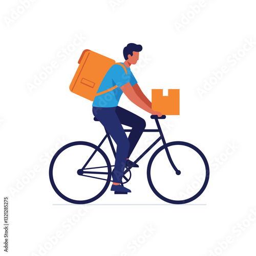 Delivery person riding bicycle with orange backpack in flat vector art