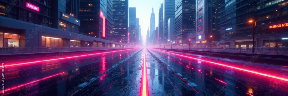 Fototapeta premium Gleaming asphalt ribbon cuts through futuristic cityscape , dark, lanes