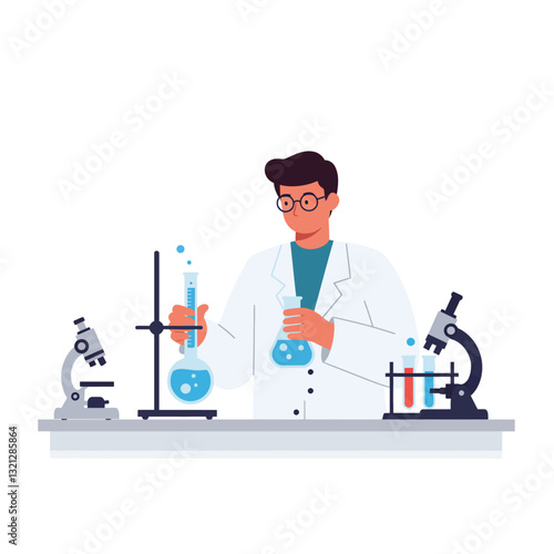 Scientist conducting experiments in a laboratory with flat design vector illustration