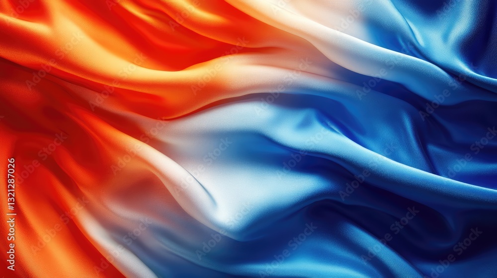 Obraz premium Vibrant silk fabric in orange and blue hues flowing elegantly, creating a dynamic and colorful backdrop for design
