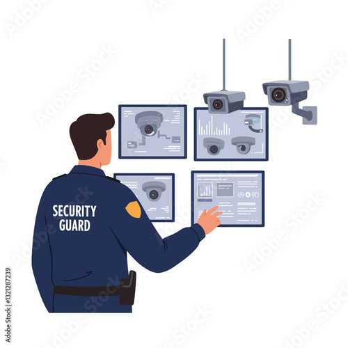 Security guard monitoring surveillance cameras in flat vector art style vector illustration