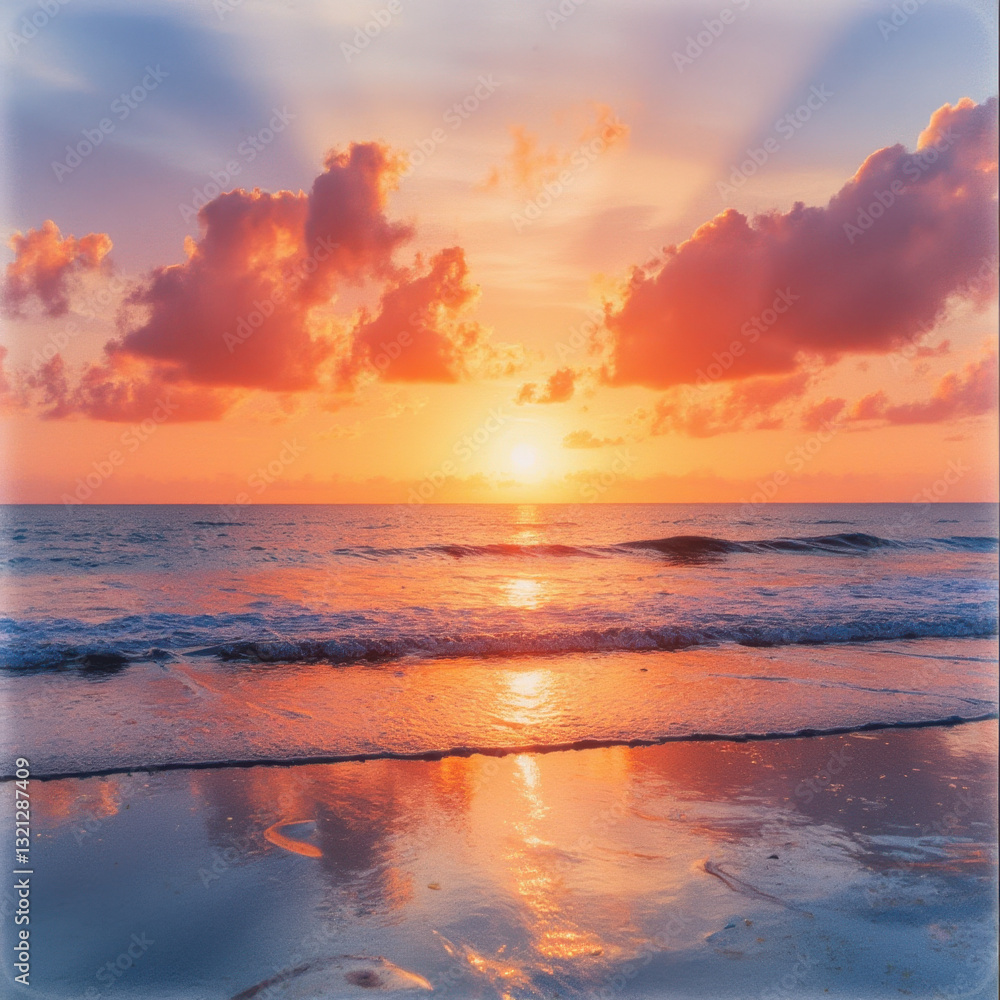 Fototapeta premium Vibrant sunset over calm ocean, pink and orange hues reflecting on water, serene atmosphere, perfect for relaxation themes.