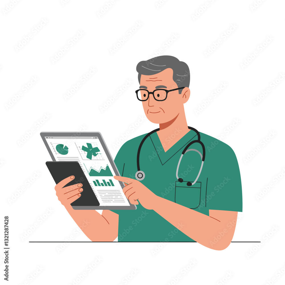 Doctor examining medical data on tablet in flat vector illustration