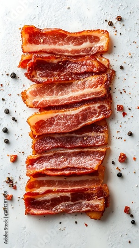 Stacked slices of smoked bacon with peppercorns.