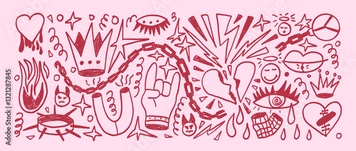 Rock girly crayon drawn set. Punk coquette breaking heart doodle background. Scribble grunge poster elements. Heart, crown and sketch graffiti art. Vector by pencil isolated illustration collection.