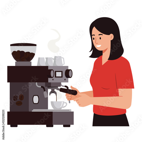 Woman operating a coffee machine in a flat vector illustration style
