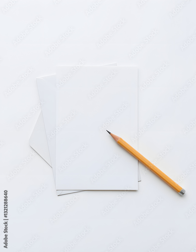 Blank vertical greeting card mockup for stationery, invitation or thank you card design presentation with envelope and pencil, white wooden background. White tone Blank vertical greeting card mockup for stationery, invitation or thank you card design presentation with envelope and pencil, white wooden background. White tone
