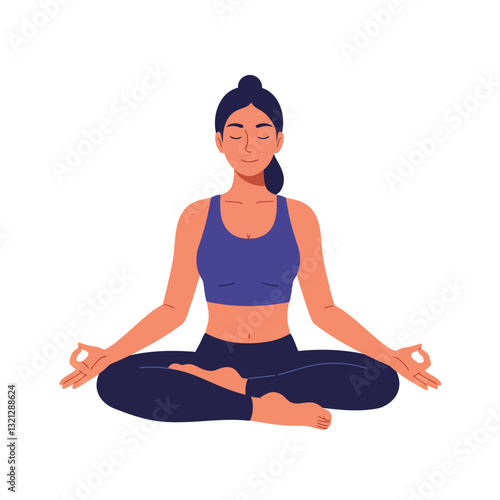Meditating woman in yoga pose with flat design style vector art