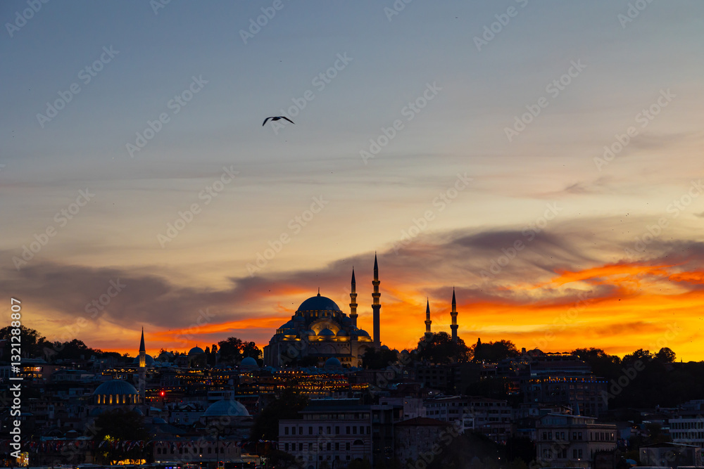 Fototapeta premium Visit Istanbul concept. Suleymaniye Mosque at sunset
