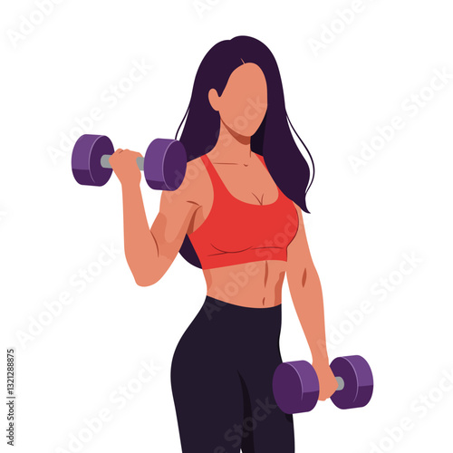 Fit woman lifting dumbbells in flat style vector illustration