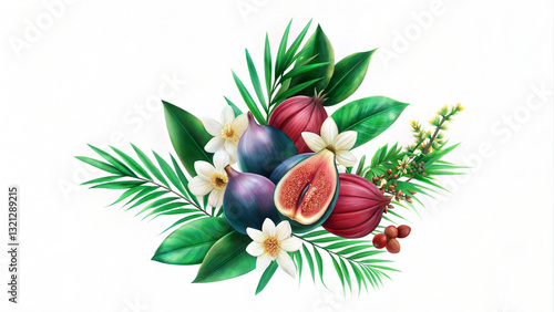 Elegant Fig and Tropical Leaf Botanical Illustration – Perfect for Food Packaging, Organic Branding, and Exotic Designs