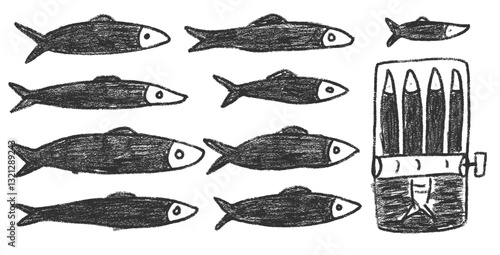 Sardines charcoal doodle set. Canned fish hand drawn scribble. Tinned fishes. Open sardine tin. Vector conserve eat illustration by pencil isolated on white background. Crayon or chalk naive seafood.