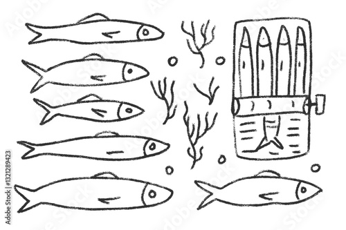 Sardines line doodle set. Canned fish hand drawn scribble. tinned fishes. Open sardine tin. Vector conserve eat illustration by pencil isolated on white background. Crayon or chalk naive seafood.