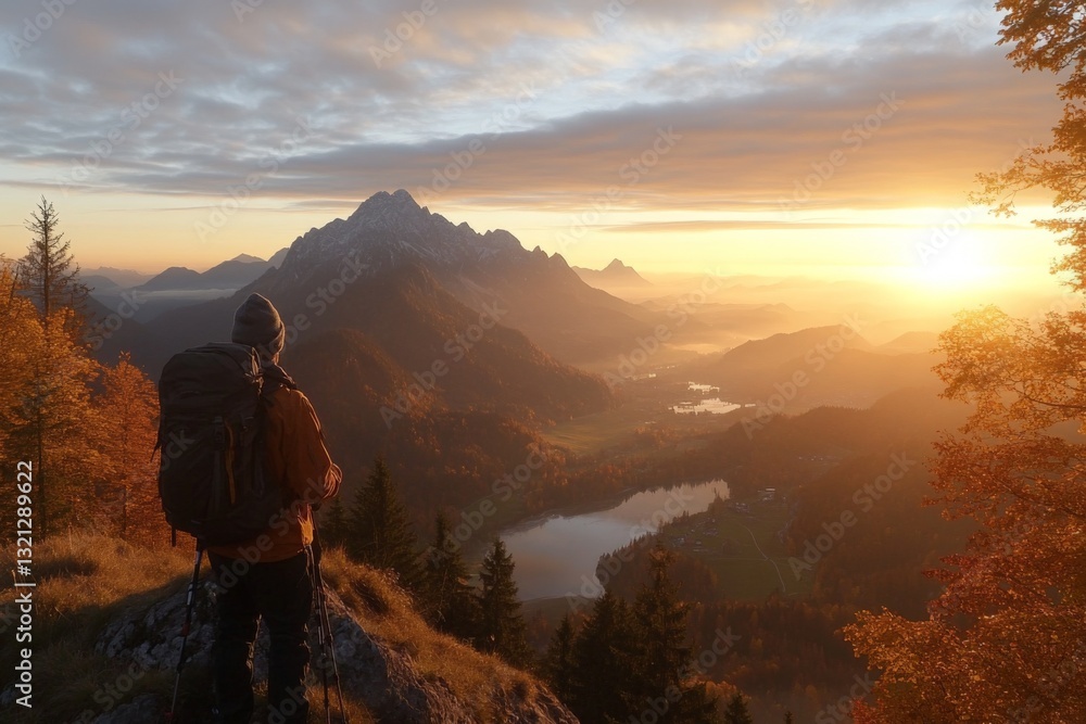 Breathtaking sunrise view over mountain landscape with hiker and autumn foliage near a serene lake Breathtaking sunrise view over mountain landscape with hiker and autumn foliage near a serene lake