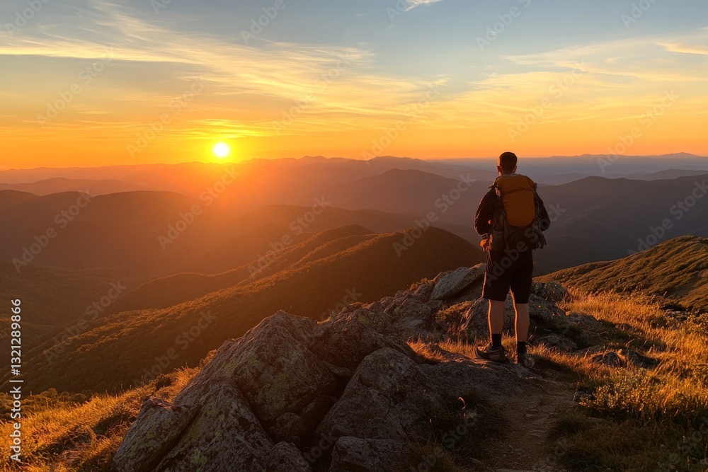Fototapeta premium Hiker enjoying beautiful sunset view over mountain range during golden hour