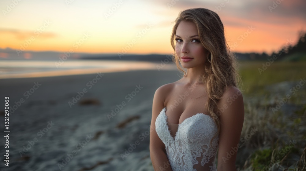 Stunning model poses on beach at sunset in beautiful bridal gown Stunning model poses on beach at sunset in beautiful bridal gown