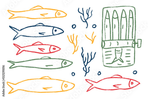 Sardines line doodle set. Canned fish hand drawn scribble. tinned fishes. Open sardine tin. Vector conserve eat illustration colorful pencil isolated on white background. Crayon chalk naive seafood.