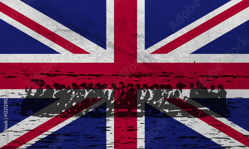 A weathered Union Jack flag overlays silhouettes of a crowded small boat, symbolizing migration and resilience against the backdrop of British identity