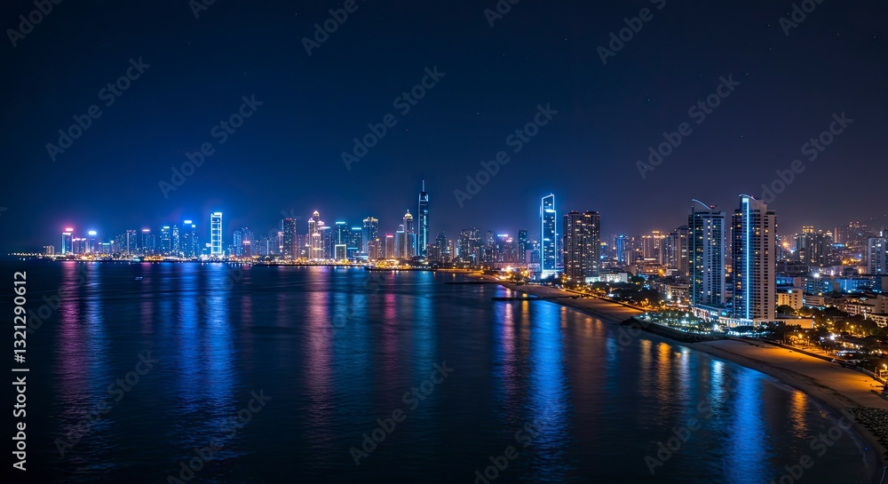Night City Skyline Reflecting on Water with Glowing Lights Along Coastline Night City Skyline Reflecting on Water with Glowing Lights Along Coastline