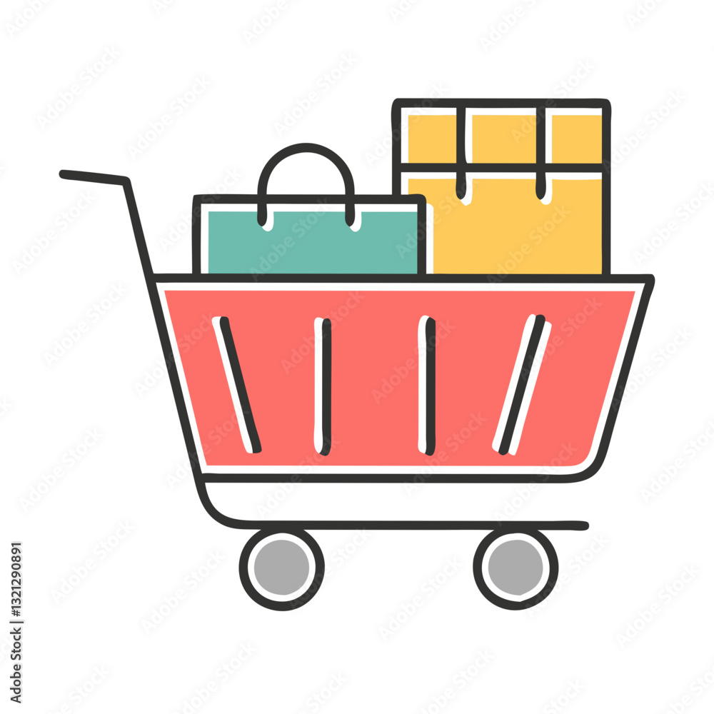 Shopping cart with purchases, retail shopping, e-commerce, online store, digital market, checkout process Shopping cart with purchases, retail shopping, e-commerce, online store, digital market, checkout process