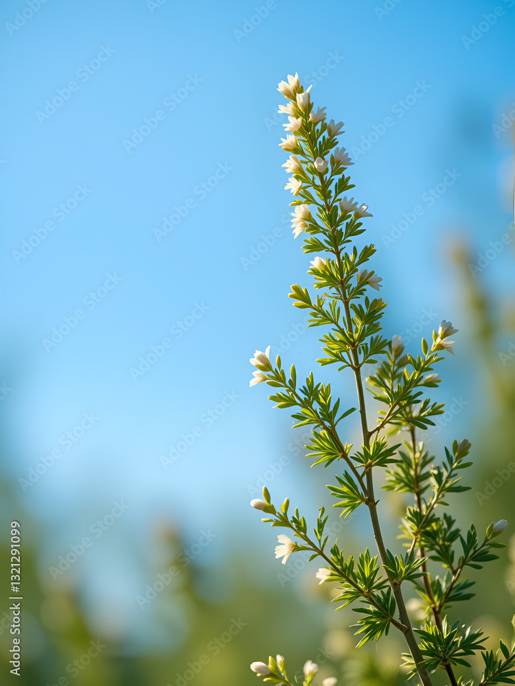 Aromatic plant known as southernwood which scientific name is Artemisa abrotanum, selective focus, against a clear blue sky in bokeh with copy space. Aromatic plant known as southernwood which scientific name is Artemisa abrotanum, selective focus, against a clear blue sky in bokeh with copy space.