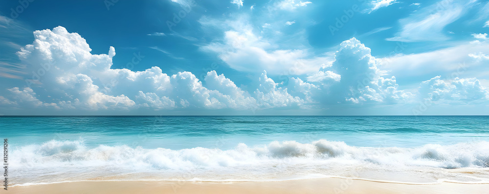 Obraz premium Tropical beach, ocean waves, sunny sky