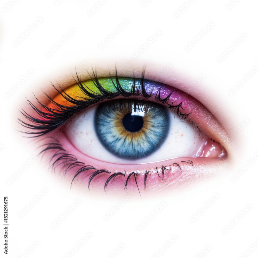 Fototapeta premium Brightly colored eye with vibrant makeup, showcasing artistic creativity and bold expression, ideal for beauty and fashion themes.