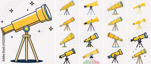 Illustrated Yellow Telescope with Tripod Set - Astronomy and Stargazing Concept