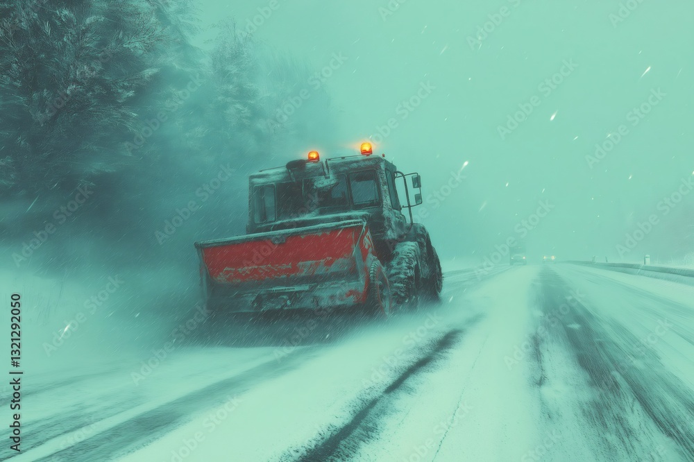 Snowplow working diligently to clear a highway blanketed in snow during a heavy nighttime snowstorm, ensuring safe travel amid winter conditions Snowplow working diligently to clear a highway blanketed in snow during a heavy nighttime snowstorm, ensuring safe travel amid winter conditions