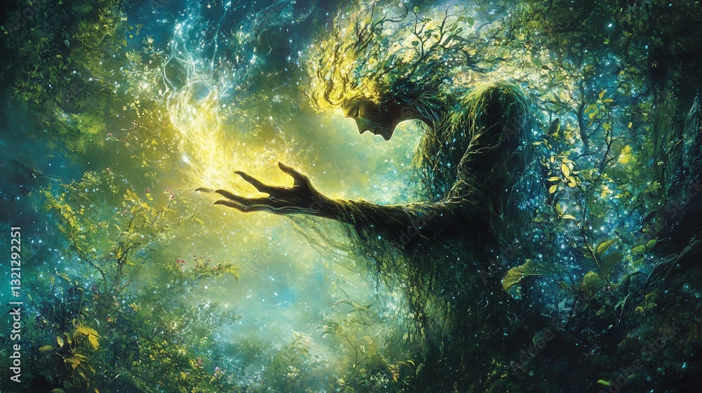Naklejka premium Mystical Forest Guardian Casting a Spell of Light and Nature