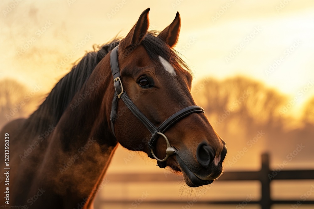 Obraz premium Majestic horse stands gracefully in a golden sunset by the pasture fence during the tranquil evening