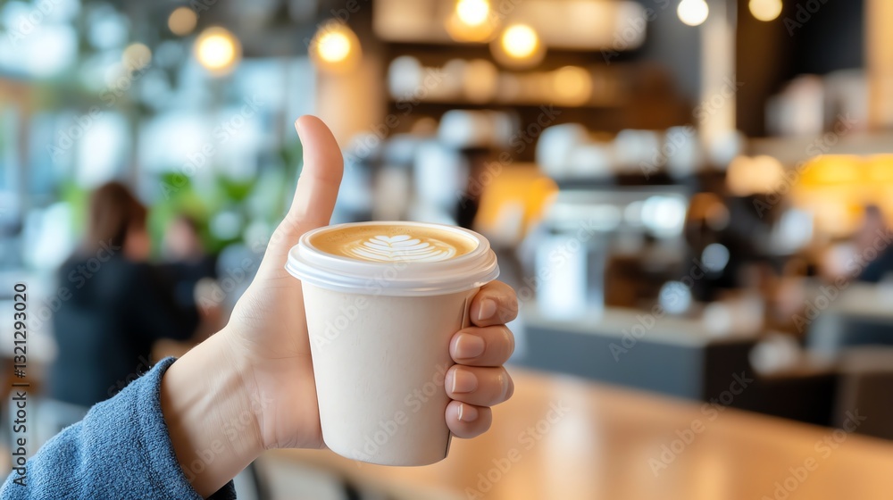 Holding Latte Art Coffee Cup in Hand with Thumbs Up Approval Holding Latte Art Coffee Cup in Hand with Thumbs Up Approval